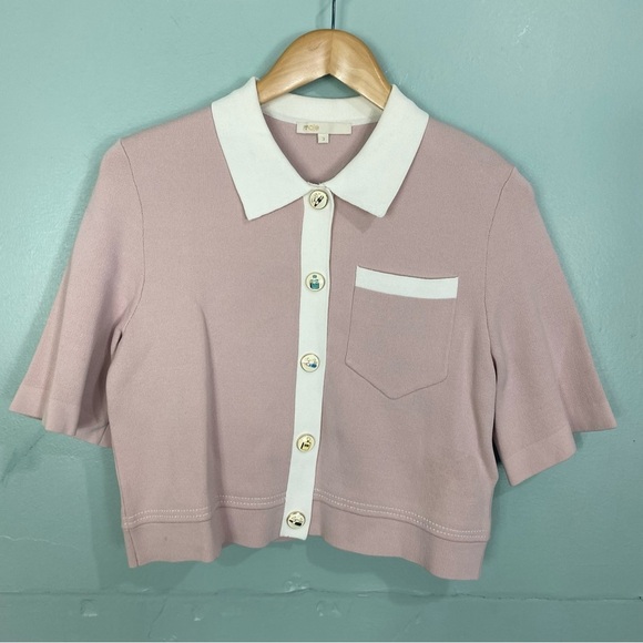 Maje Myshirt Pink Purple Croppes Cardigan Short Sleeve Top - Picture 2 of 8